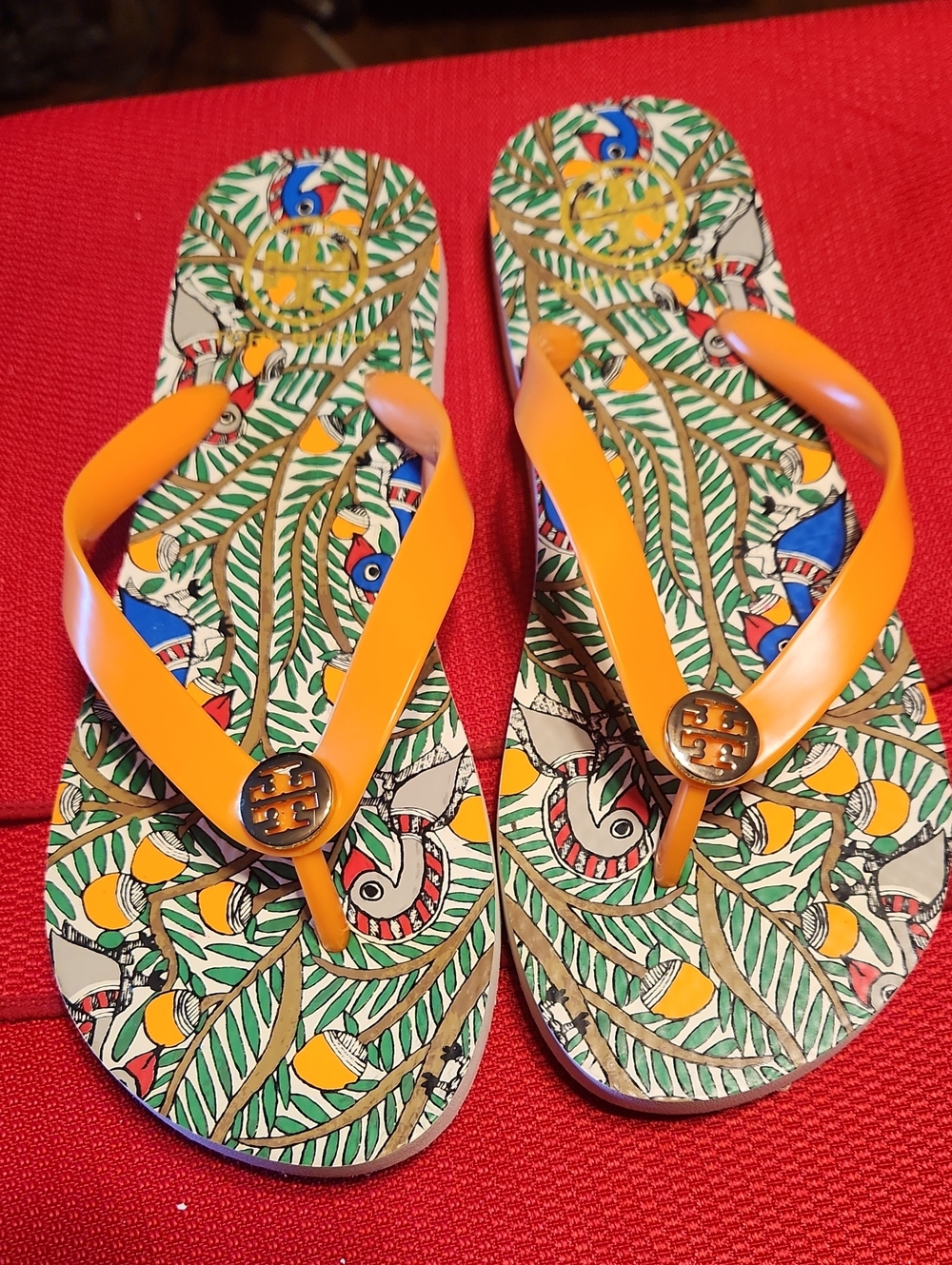 Tory Burch Orange Strap Flip Flop Sandals with Tropical Print - Picture 8 of 11